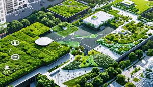 A conceptual collage depicting climate-resilient infrastructure, including green roofs, permeable pavements, seawalls, and smart materials, with a cityscape backdrop symbolizing sustainability and urban resilience.