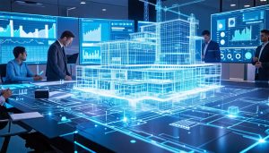 A digital rendering showing engineers and architects collaborating around a holographic 3D BIM model of a building, emphasizing the futuristic integration of innovative construction technologies.