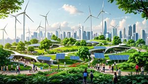 A conceptual depiction of a sustainable city featuring green infrastructure, renewable energy sources, and community engagement, symbolizing the harmony between environmental, economic, and social pillars.
