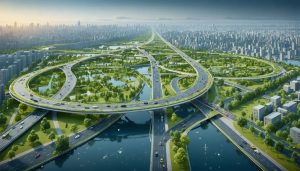 An illustration of a futuristic cityscape highlighting resilient urban infrastructure with smart technology integration, green spaces, and adaptable transportation networks.