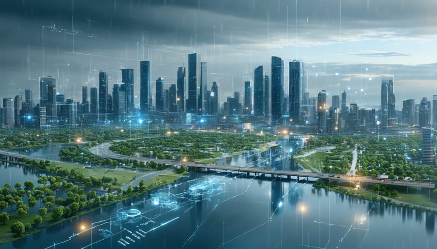 "Futuristic cityscape showcasing advanced water infrastructure with smart sensors, eco-friendly design, and real-time data flow, representing resilience against climate challenges."