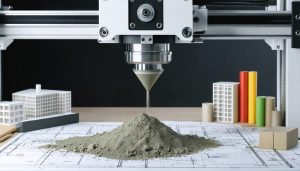 A state-of-the-art 3D printer building a structure with specialized concrete materials, embodying the transformative impact of additive manufacturing in construction.