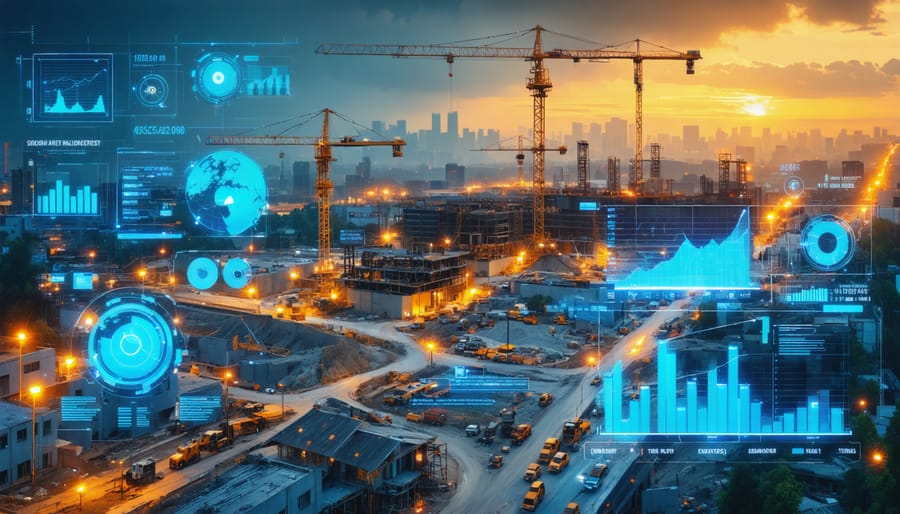 An illustration depicting AI integration in construction project management with a digital interface overlay on a construction site, highlighting real-time data analysis and predictive analytics.
