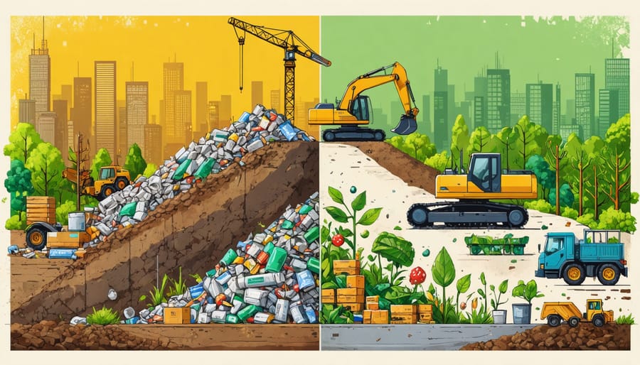 An illustration of a construction site showing a stark contrast between traditional plastic waste and innovative biodegradable packaging solutions used in modern construction practices.