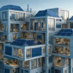A modern city with buildings featuring integrated solar panels in their walls and roofs, exemplifying the merging of architecture and renewable energy.