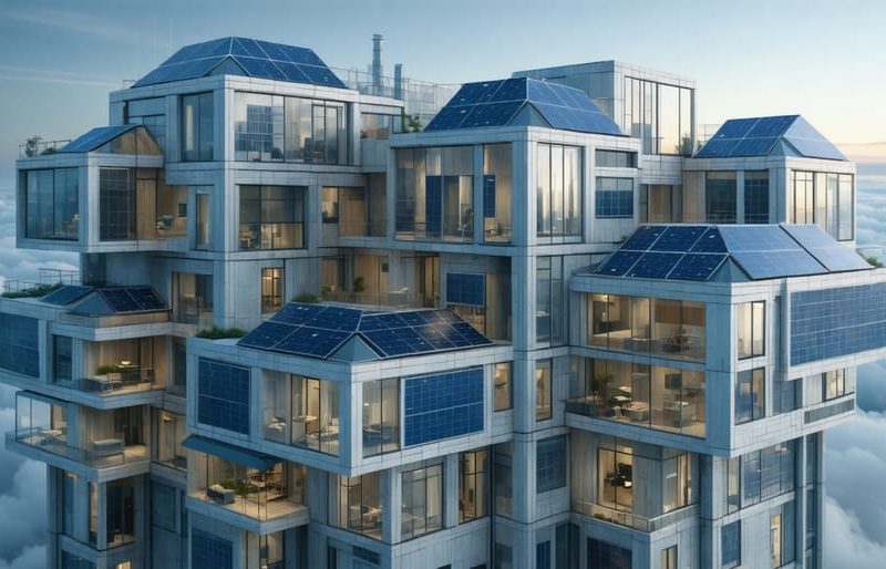 A modern city with buildings featuring integrated solar panels in their walls and roofs, exemplifying the merging of architecture and renewable energy.