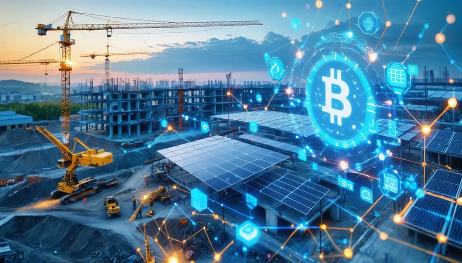 Illustration of blockchain nodes and smart contracts overlaid on a modern construction site with solar panels, representing the integration of blockchain technology in energy management.
