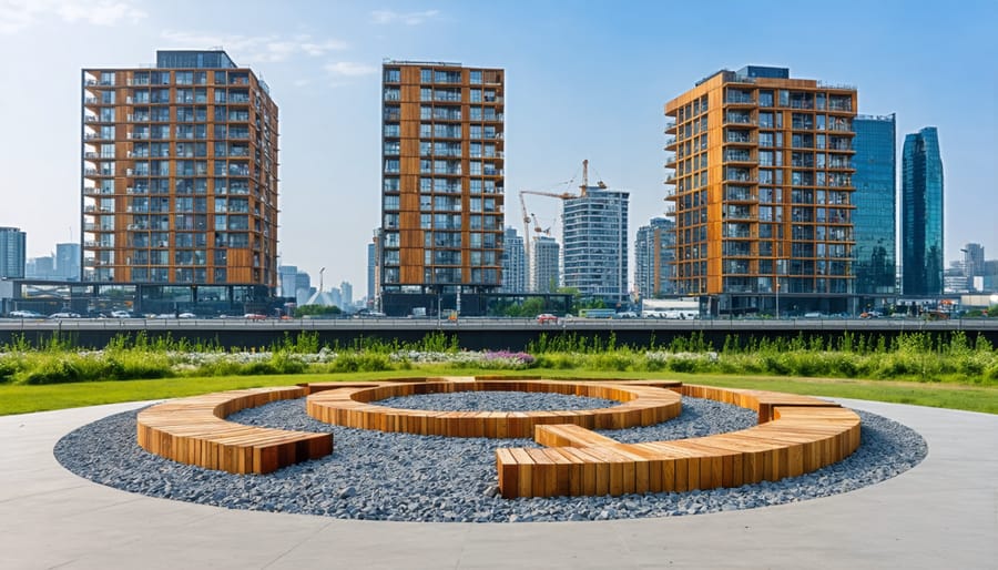 Architectural skyline showcasing buildings constructed with sustainable materials like modular timber, recycled steel, and repurposed concrete, representing the circular economy in modern construction.