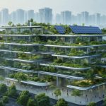 Conceptual illustration of a modern climate-resilient building with solar panels, green roofs, and integrated water management systems in an urban setting.