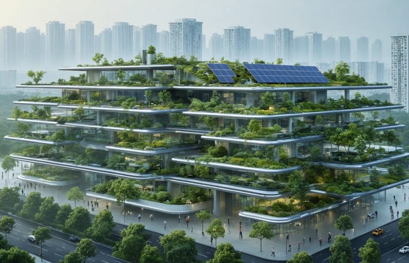 Conceptual illustration of a modern climate-resilient building with solar panels, green roofs, and integrated water management systems in an urban setting.