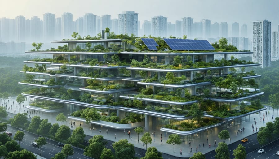 Conceptual illustration of a modern climate-resilient building with solar panels, green roofs, and integrated water management systems in an urban setting.