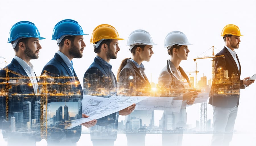 A visual representation of a construction professional's career journey, starting from an entry-level role learning from a mentor, advancing through various leadership positions, and culminating as an industry executive presenting at a conference.
