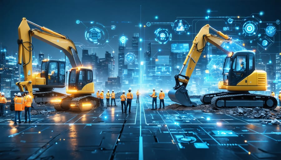 Split-screen illustration of a construction site, juxtaposing the physical site with its digital twin, showcasing real-time data integration and supply chain optimization through digital technology.