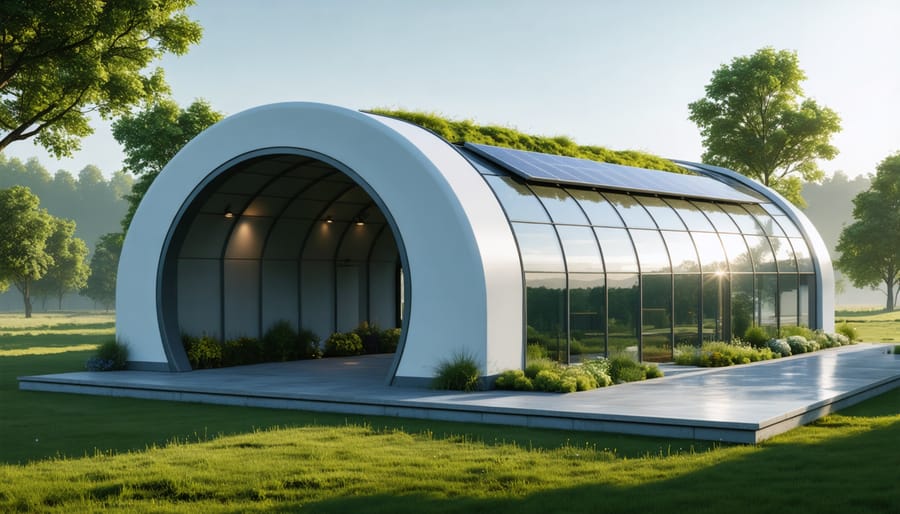 Modern Q Model Quonset hut with solar panels and green building features, demonstrating sustainable construction and environmental integration.