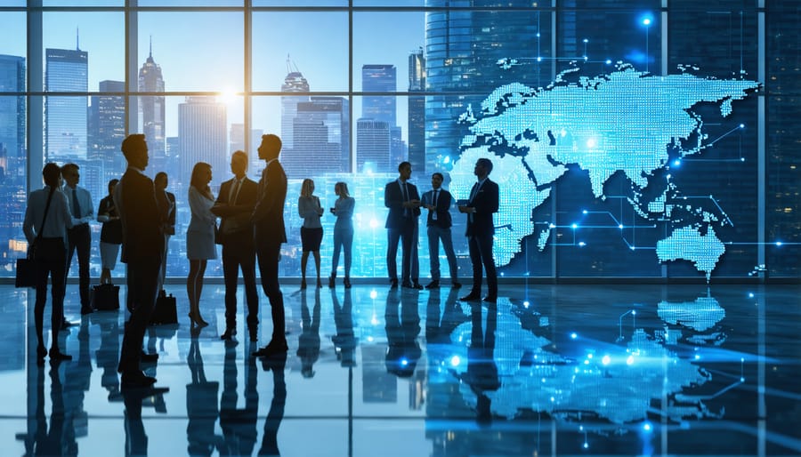 A professional conference hall with diverse attendees networking and discussing sustainable and innovative practices, symbolizing the modernization of construction events by the EIC.