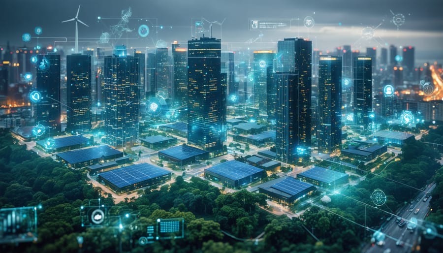 Digital visualization of a futuristic city with energy-efficient buildings, displaying solar panels, wind turbines, and real-time IoT data interfaces highlighting smart energy management.