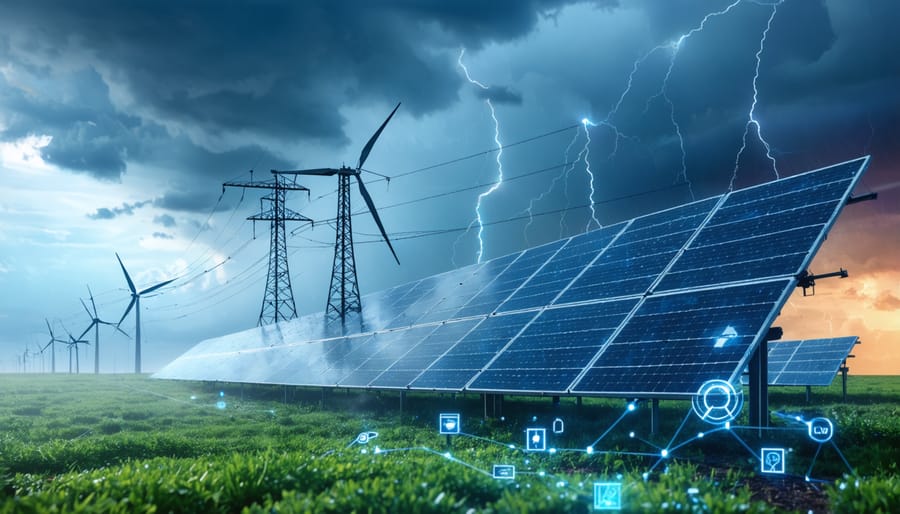 Illustration of modern energy infrastructure featuring solar panels, wind turbines, power lines, and digital network connections, highlighting resilience against climate and cyber threats.