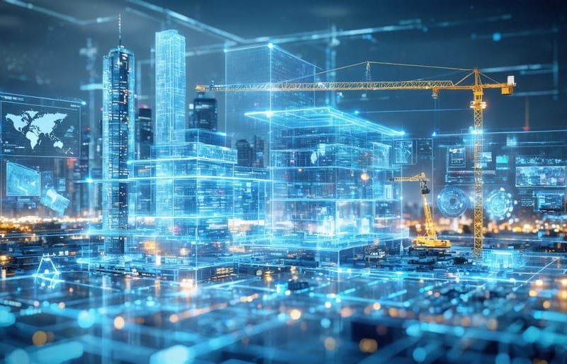 Futuristic construction site with digital dashboards and 3D models representing modern procurement processes.