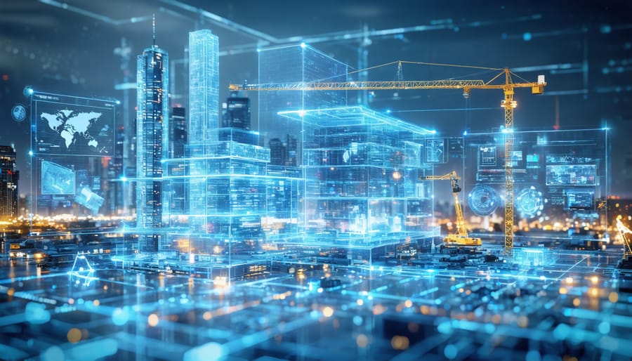 Futuristic construction site with digital dashboards and 3D models representing modern procurement processes.