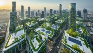 Aerial view of a futuristic cityscape featuring sustainable smart buildings with solar panels, green roofs, and vertical gardens, showcasing urban innovations in sustainability and technology.