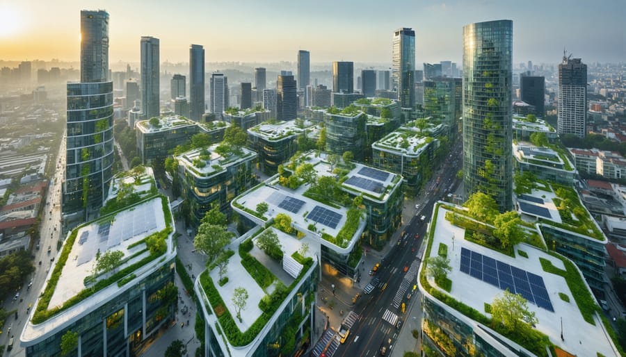 Aerial view of a futuristic cityscape featuring sustainable smart buildings with solar panels, green roofs, and vertical gardens, showcasing urban innovations in sustainability and technology.