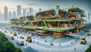 A futuristic construction site featuring sustainable building practices, with workers using eco-friendly concrete, timber, and recycled steel, surrounded by integrated greenery.