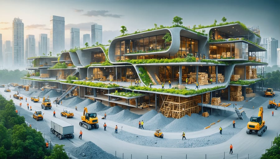 A futuristic construction site featuring sustainable building practices, with workers using eco-friendly concrete, timber, and recycled steel, surrounded by integrated greenery.