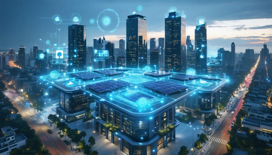 A futuristic city skyline with smart buildings featuring solar panels, IoT sensors, and green spaces, representing the sustainability and economic benefits of smart building technologies.