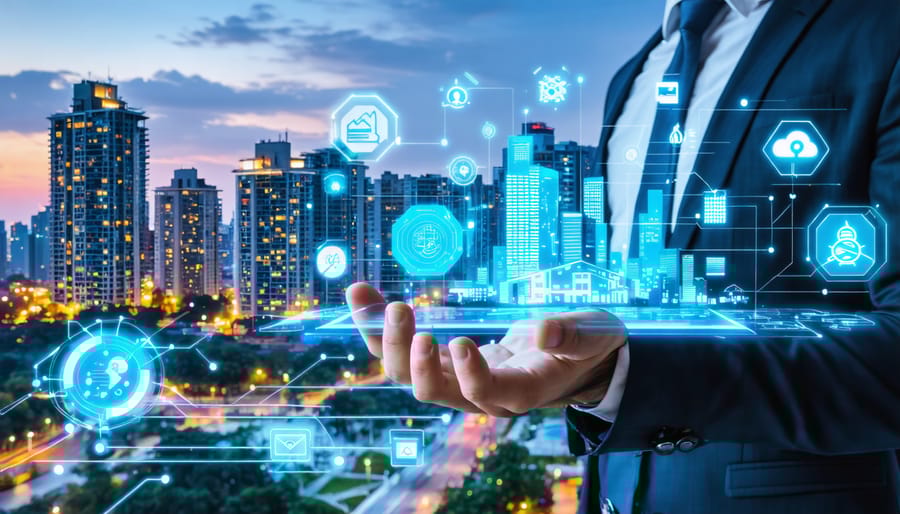 A futuristic cityscape with buildings equipped with advanced technology interfaces, highlighting a property advisor interacting with a digital dashboard that displays real-time property analytics.