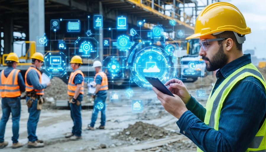 A dynamic construction site featuring IoT sensors and devices, with an augmented reality overlay displaying real-time data analytics and connectivity among equipment and workers.