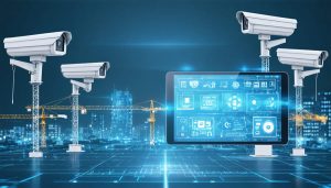 Illustration of a construction site equipped with advanced mobile security systems featuring AI cameras and motion sensors for enhanced protection.