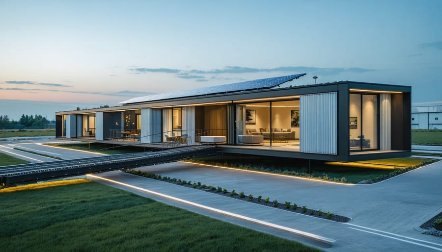 Conceptual illustration showing a modern single-story modular home emerging from a factory, surrounded by elements representing efficiency, sustainability, and advanced construction technology.