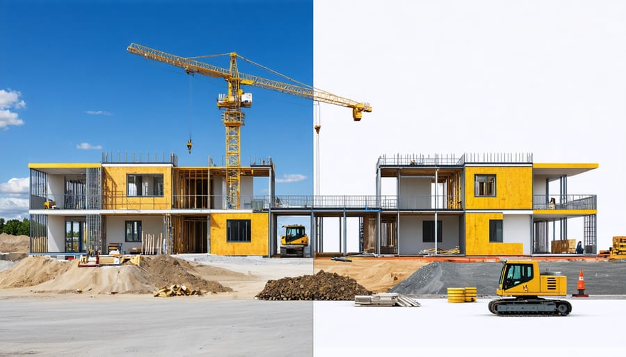 Conceptual illustration comparing modular and prefab construction methods, showing a split scene of modular and prefab elements in a factory setting with cranes and assembly lines.