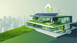 Architectural rendering of a net-zero energy building with solar panels and a green roof, showcasing sustainable design elements and energy flow illustration.
