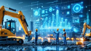 Illustration of futuristic construction site featuring robotic machinery, digital twin technology, and engineers collaborating using advanced AI-driven design tools to represent R&D innovation in digital construction.