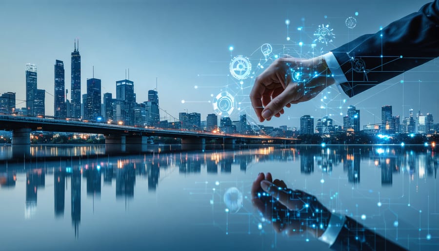 An illustrative collage of modern infrastructure highlighting sleek city buildings, a bridge, and a metro line, with symbolic elements like gears and handshake, representing the collaboration in public-private partnerships.