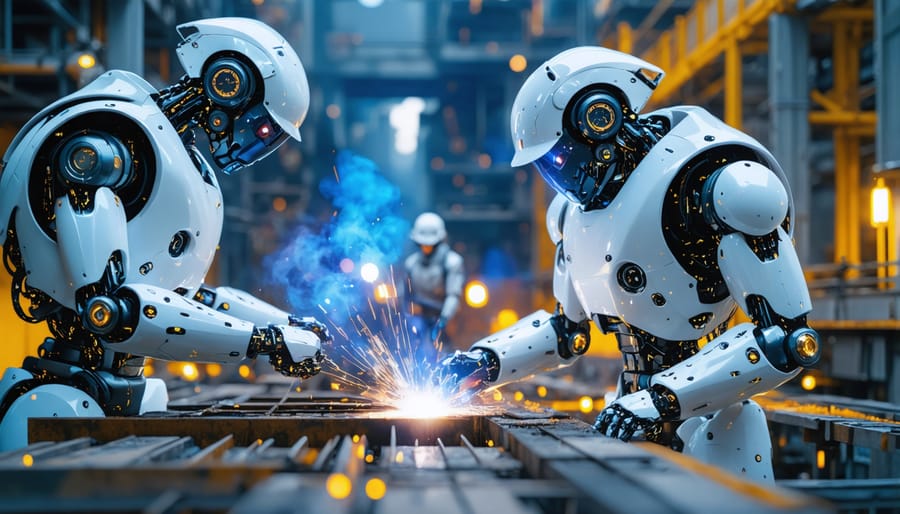 A futuristic construction site featuring humanoid robots and autonomous machines working alongside human engineers, with digital data flows illustrating IoT integration.