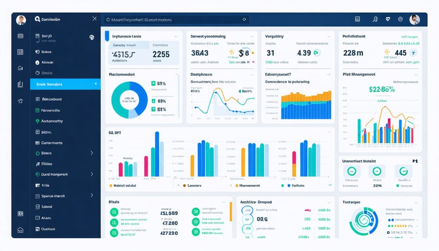 Illustration of a digital dashboard displaying key performance indicators and metrics for asset management in urban real estate, with elements representing IoT sensor connectivity and advanced data analytics.