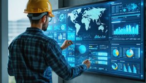 Construction expert interacting with a digital procurement dashboard displaying supplier analytics and sustainability metrics, highlighting innovative procurement strategies.