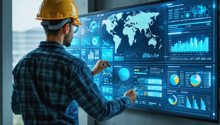 Construction expert interacting with a digital procurement dashboard displaying supplier analytics and sustainability metrics, highlighting innovative procurement strategies.
