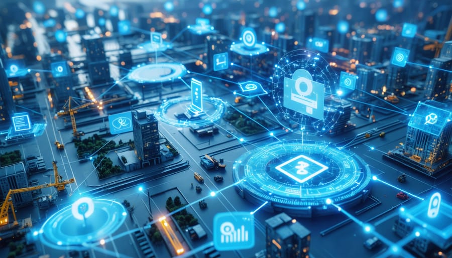 Conceptual illustration depicting smart contracts connecting various parts of the construction supply chain, highlighting automation, transparency, and efficient project management.