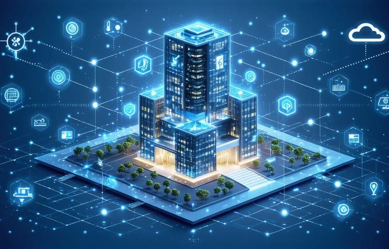 Illustration of a modern building with glowing lines and nodes depicting a smart energy network, featuring icons of IoT sensors, cloud computing, and AI algorithms.