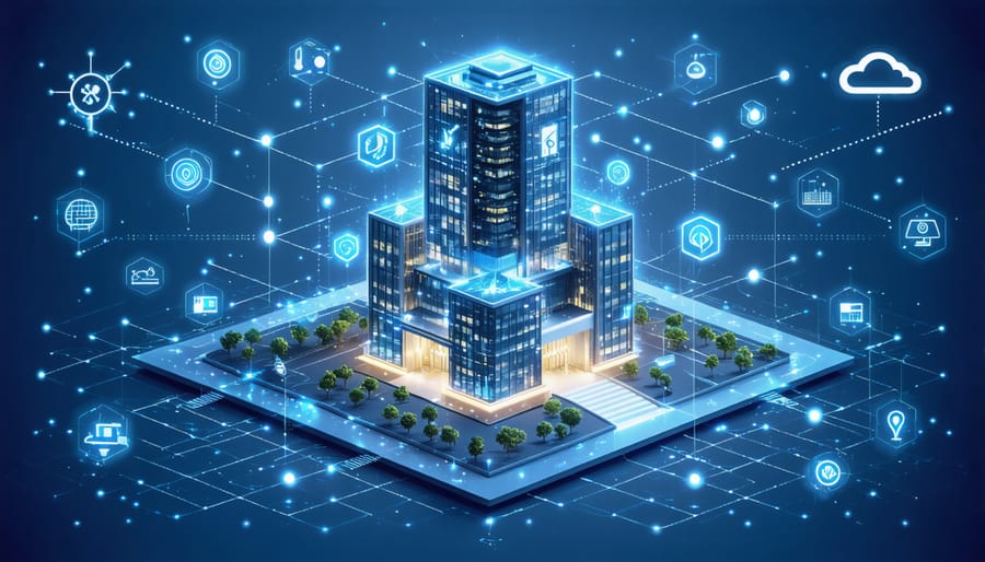 Illustration of a modern building with glowing lines and nodes depicting a smart energy network, featuring icons of IoT sensors, cloud computing, and AI algorithms.