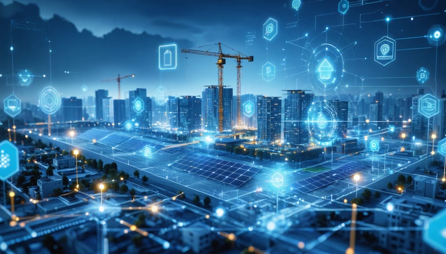 Conceptual illustration of a futuristic construction site with integrated smart energy systems, featuring digital interfaces, solar panels, and interconnected energy flows.