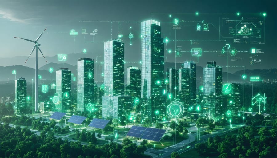 Future cityscape showcasing buildings with integrated solar panels, wind turbines, and digital energy management systems, symbolizing sustainable property management.