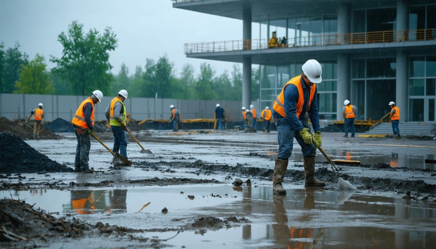 Construction workers implementing protective measures during adverse weather conditions on a sustainable building project.