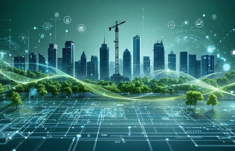 A futuristic city skyline merges with digital blueprints and AI elements, representing the integration of technology and innovation in global real estate and construction markets.