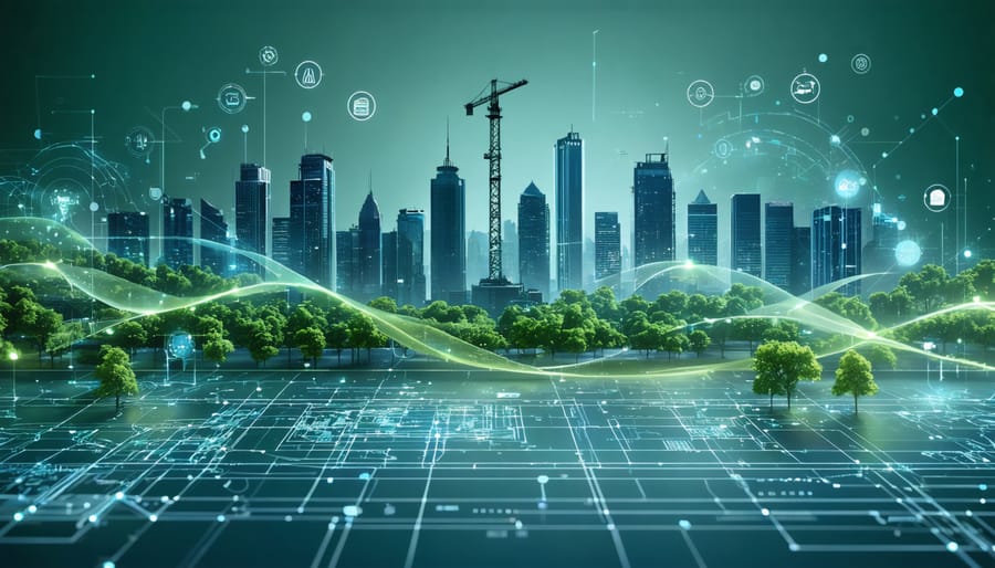 A futuristic city skyline merges with digital blueprints and AI elements, representing the integration of technology and innovation in global real estate and construction markets.