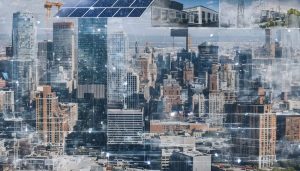 Collage of U.S. city skyline combined with elements of modern construction technologies, showcasing multi-family developments, smart building interfaces, and green building practices.