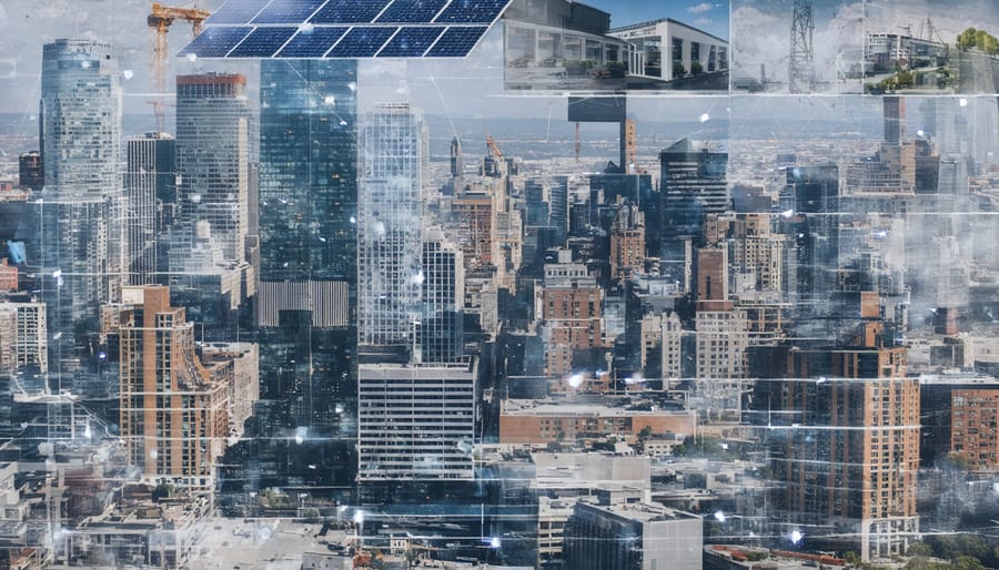 Collage of U.S. city skyline combined with elements of modern construction technologies, showcasing multi-family developments, smart building interfaces, and green building practices.